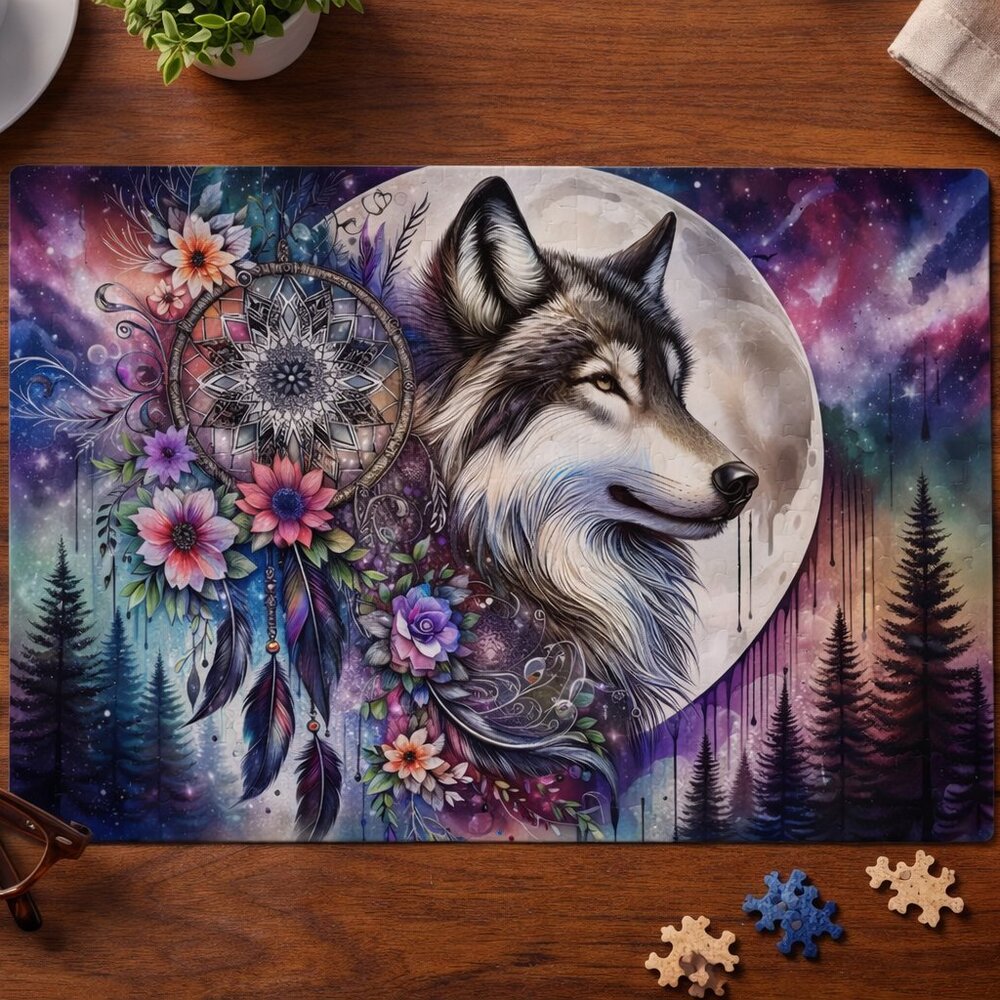 Handmade Dreamcatcher Northern Lights Wolf 120 Piece Puzzle